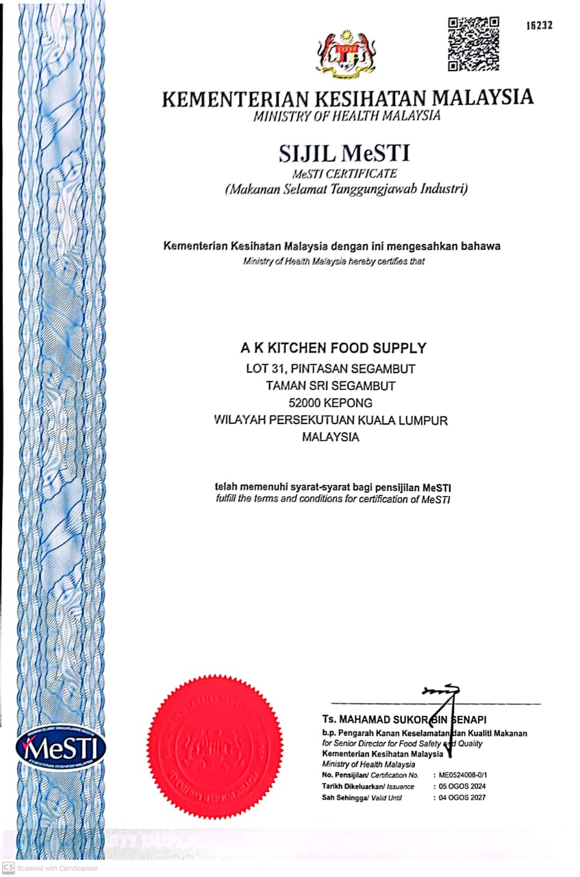 MeSTI certificate for A K Kitchen Food Supply
