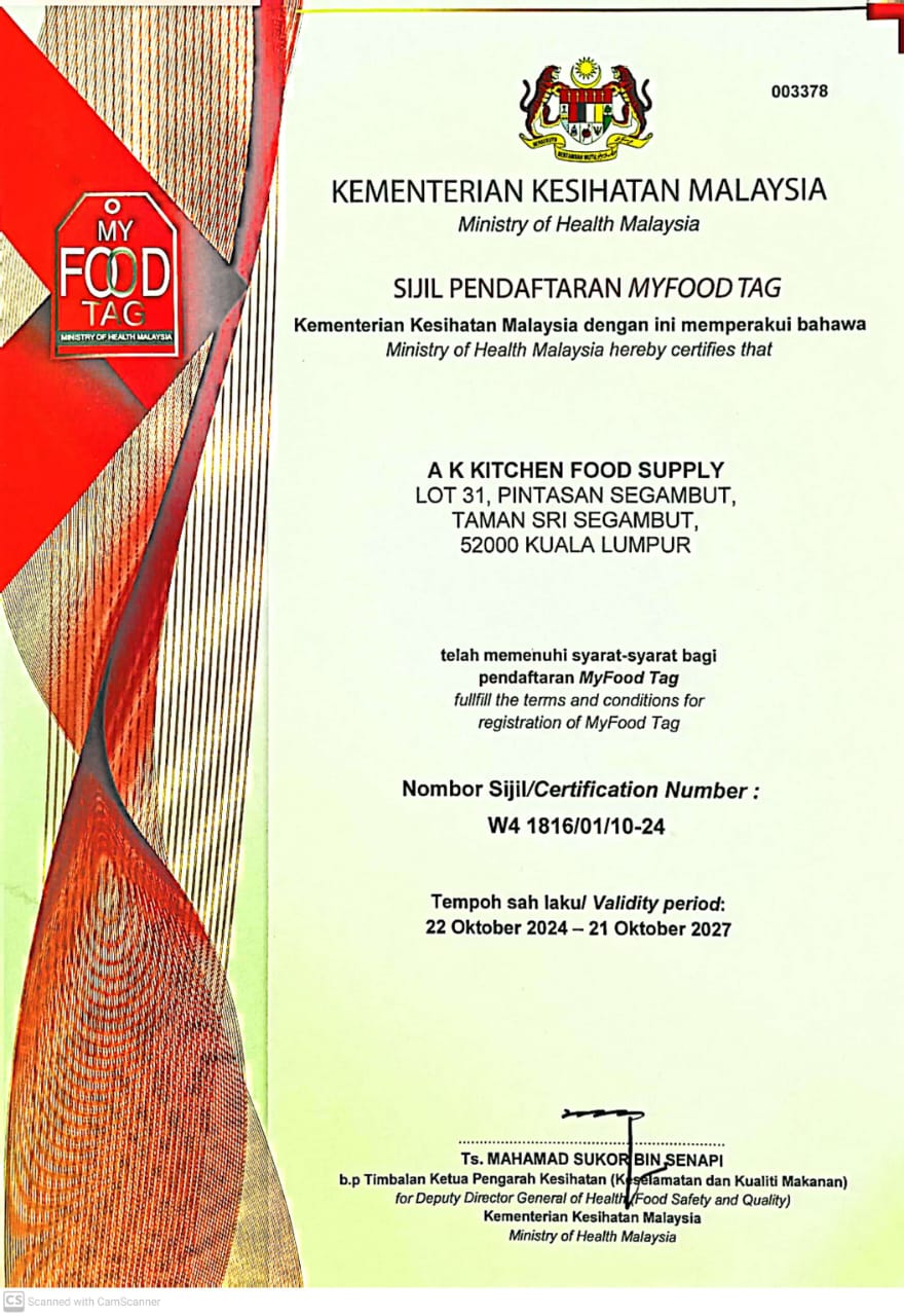MyFood Tag certificate for A K Kitchen Food Supply